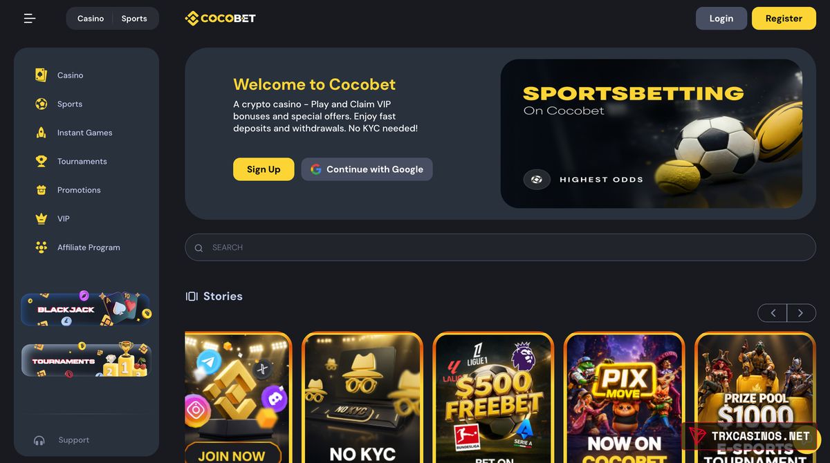 Cocobet homepage before login