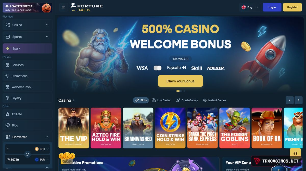 FortuneJack homepage before login