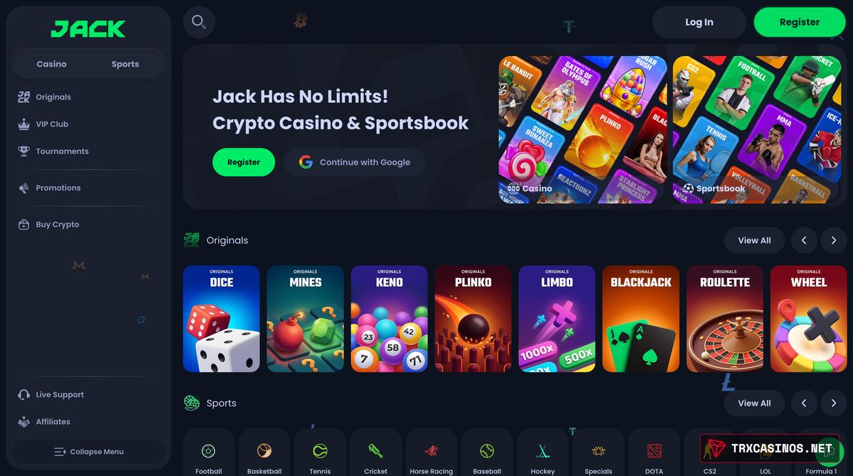 Jack homepage before login