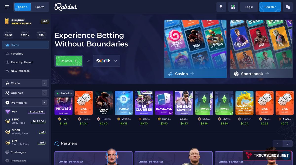 Rainbet homepage before login