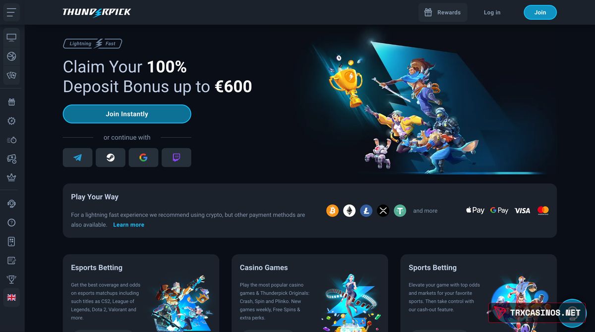 Thunderpick homepage before login