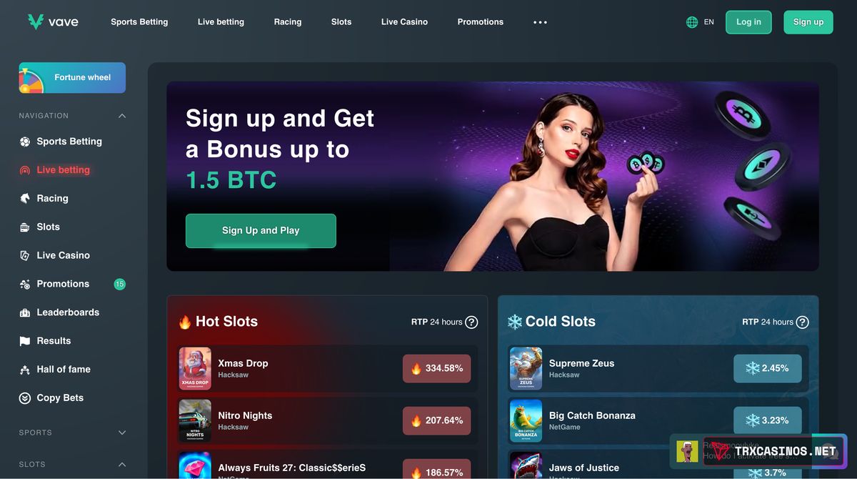 Vave homepage before login