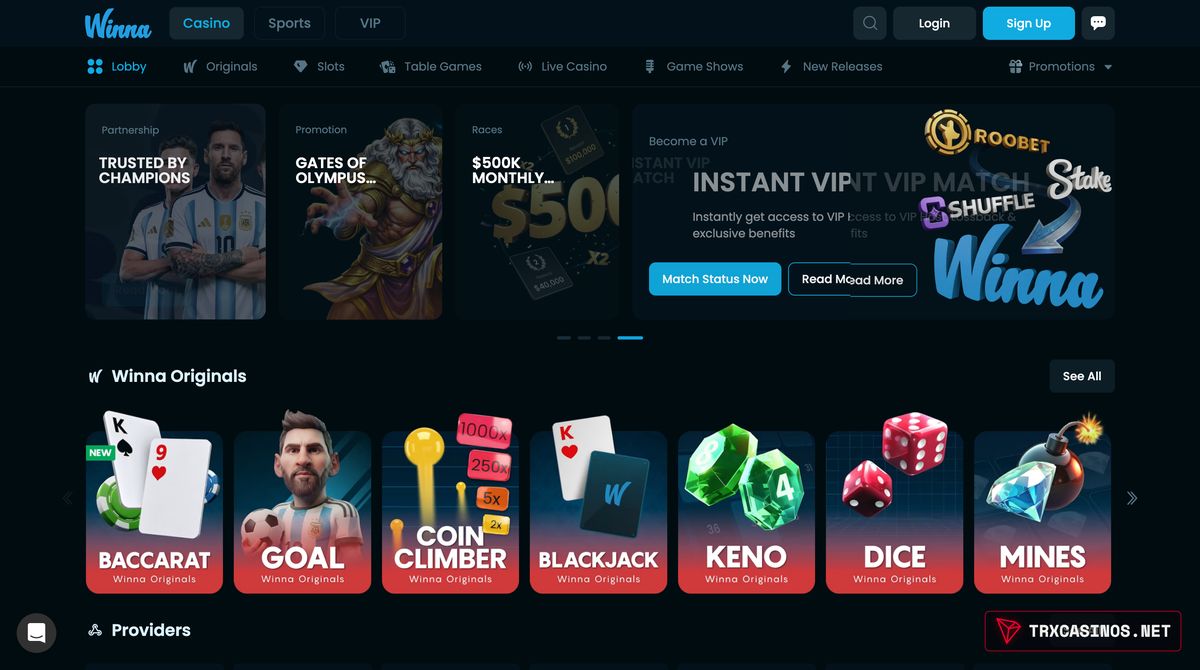 Winna homepage before login